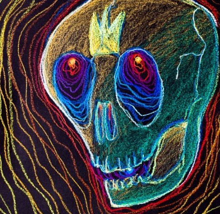 un crâne coloré et squelettique
